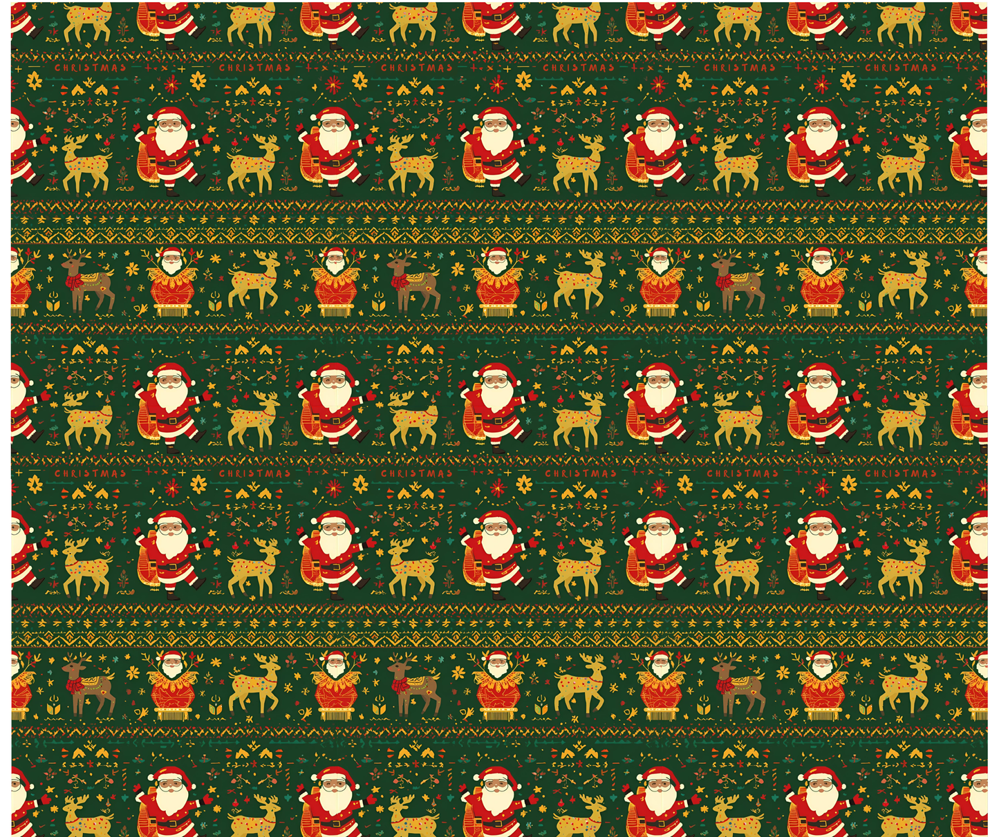 Green Nordic Santa + Reindeer Wrapping Paper
