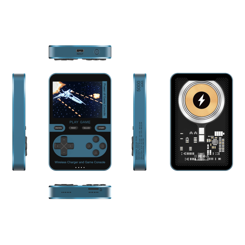 Blue retro game console power bank with wireless charger