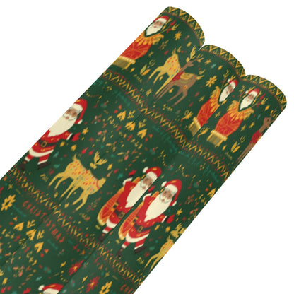 Green Nordic Santa & Reindeer Wrapping Paper (3 Rolls）