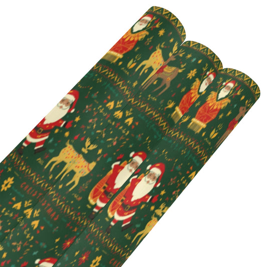 Green Nordic Santa & Reindeer Wrapping Paper (3 Rolls）