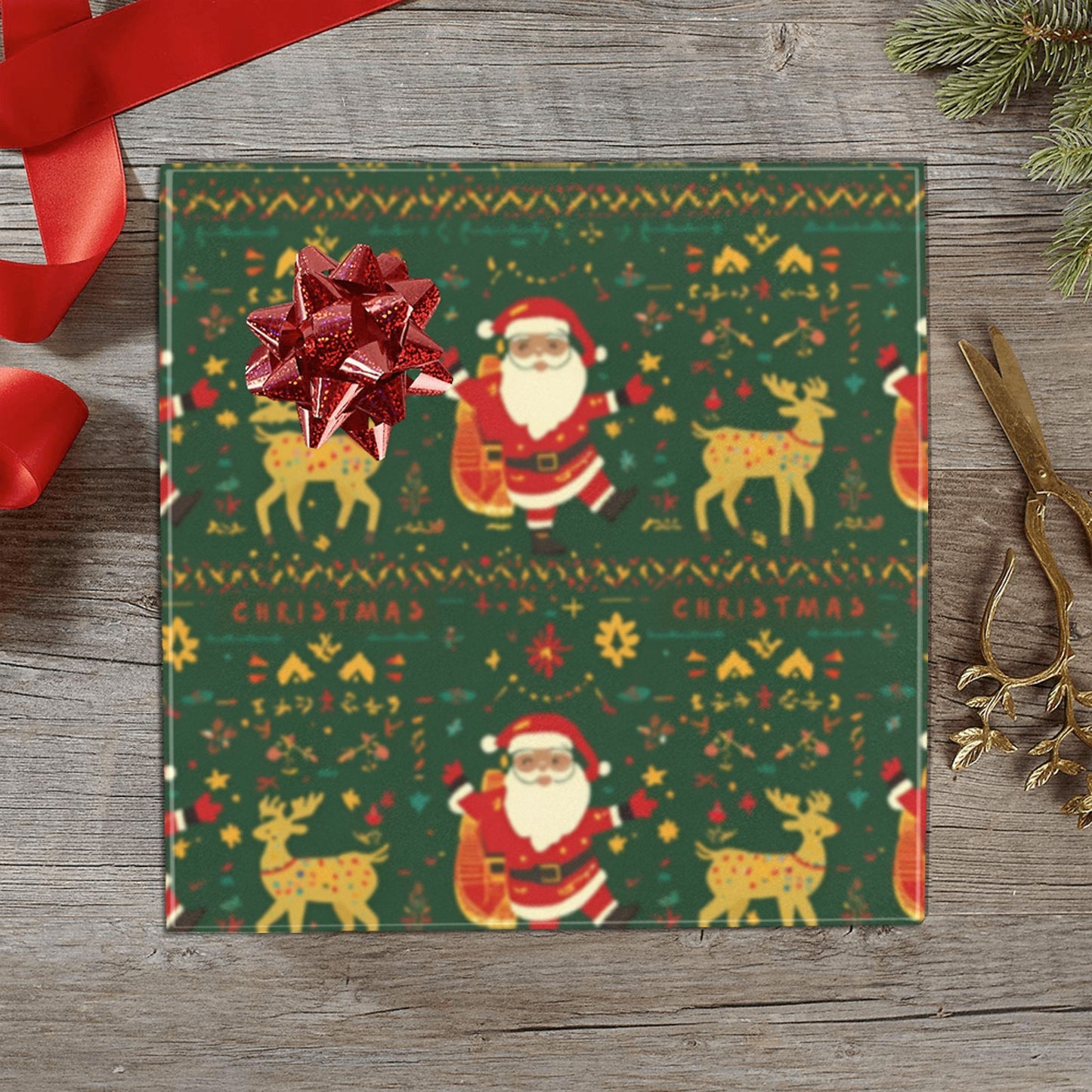 Green Nordic Santa & Reindeer Wrapping Paper (2 Rolls)