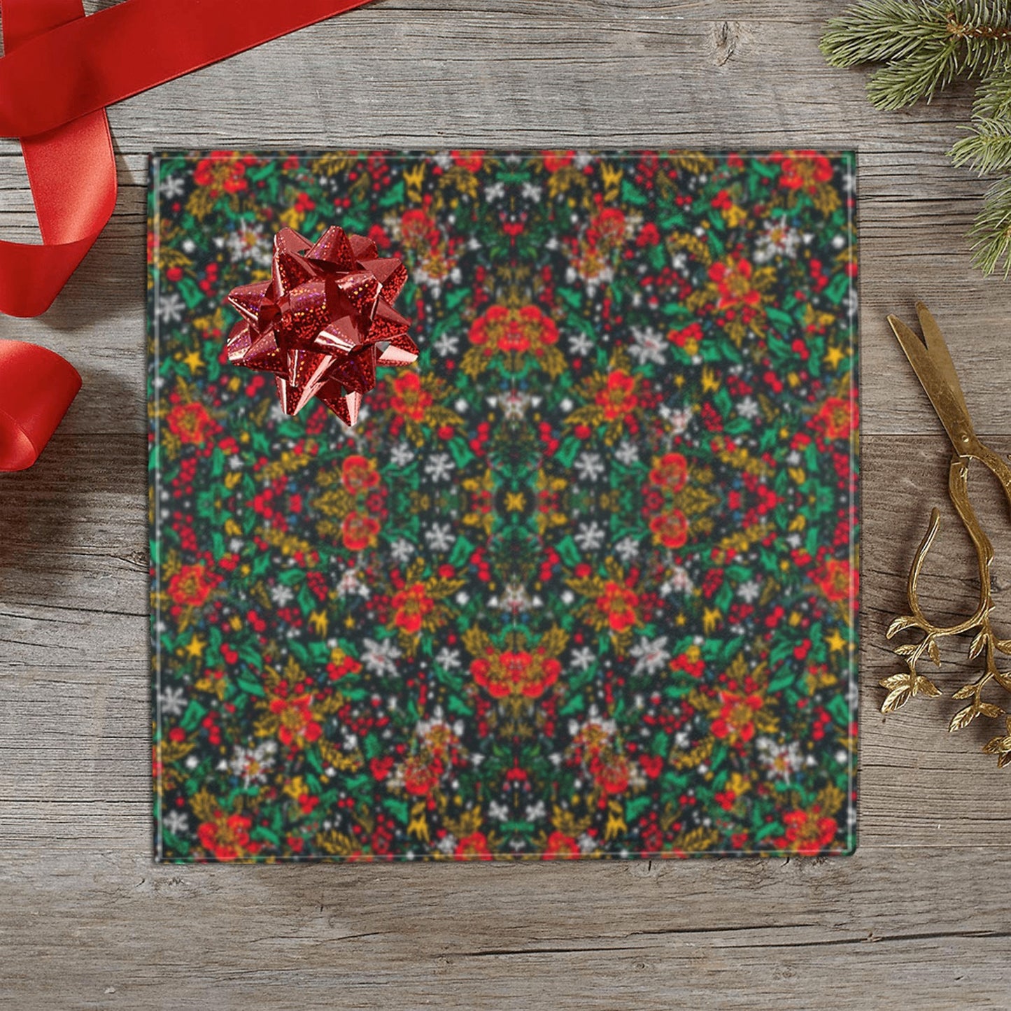 Christmas Garden Kaleidoscope Wrapping Paper - Red/Green/Gold Floral