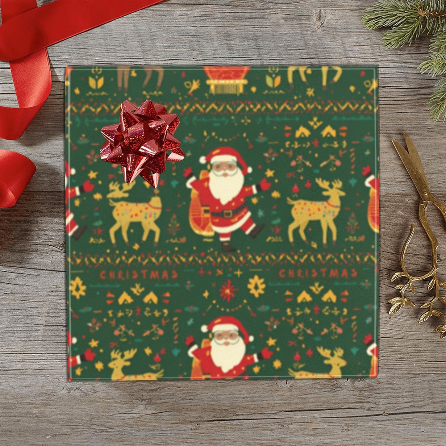Green Nordic Santa & Reindeer Wrapping Paper (3 Rolls）