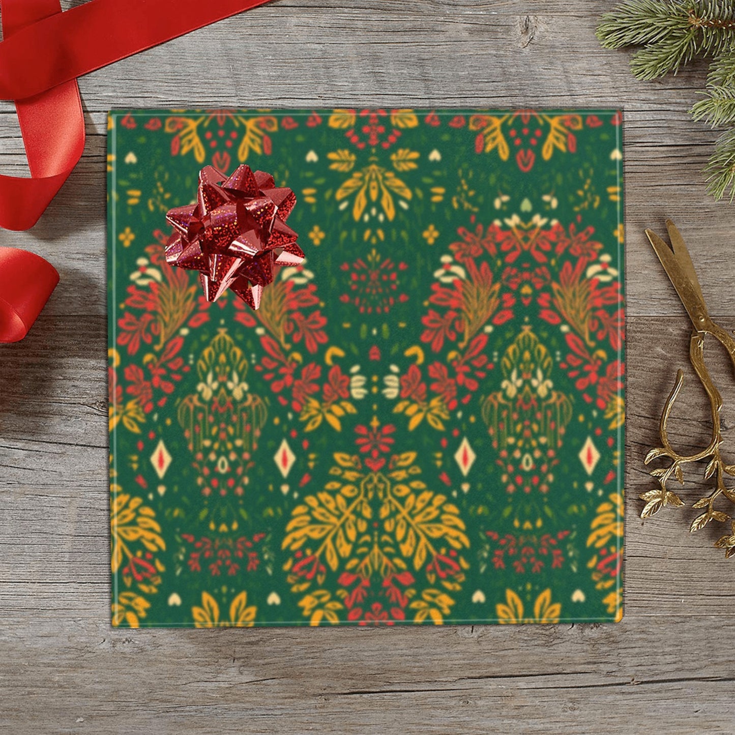 Holiday Floral Tribal Wrapping Paper – Red/Green/Gold (3 Rolls)