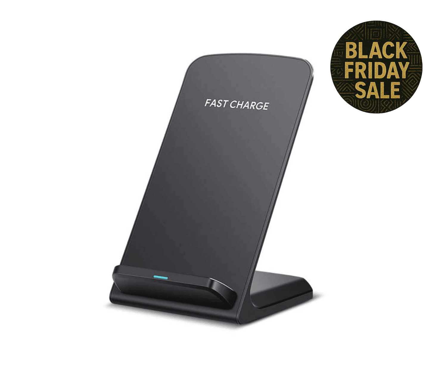 Black wireless charging stand with 'Fast Charge' text on a white background, featuring a Black Friday sale label.