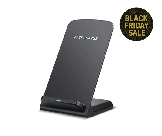 Black wireless charging stand with 'Fast Charge' text on a white background, featuring a Black Friday sale label.