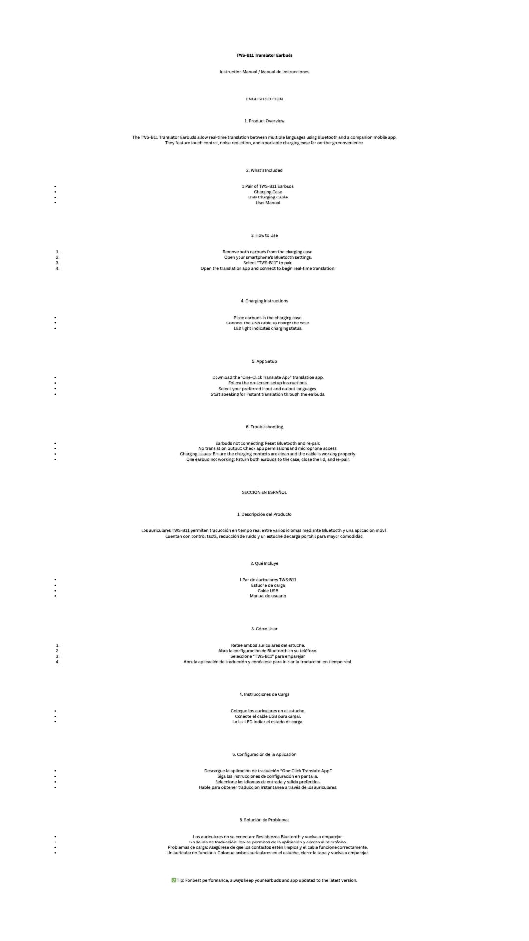 TWS-B11 Translator Earbuds | Real-Time Language Translation Bluetooth 5.3