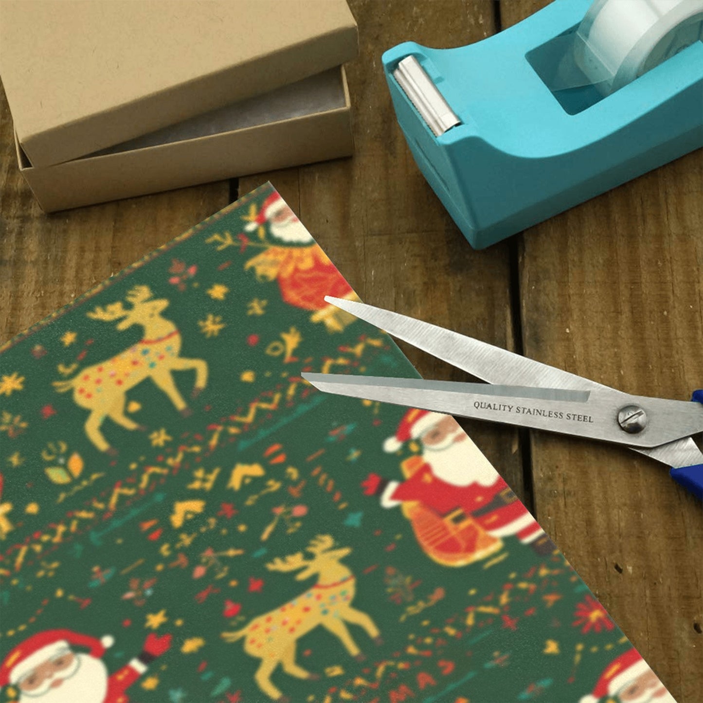 Green Nordic Santa & Reindeer Wrapping Paper