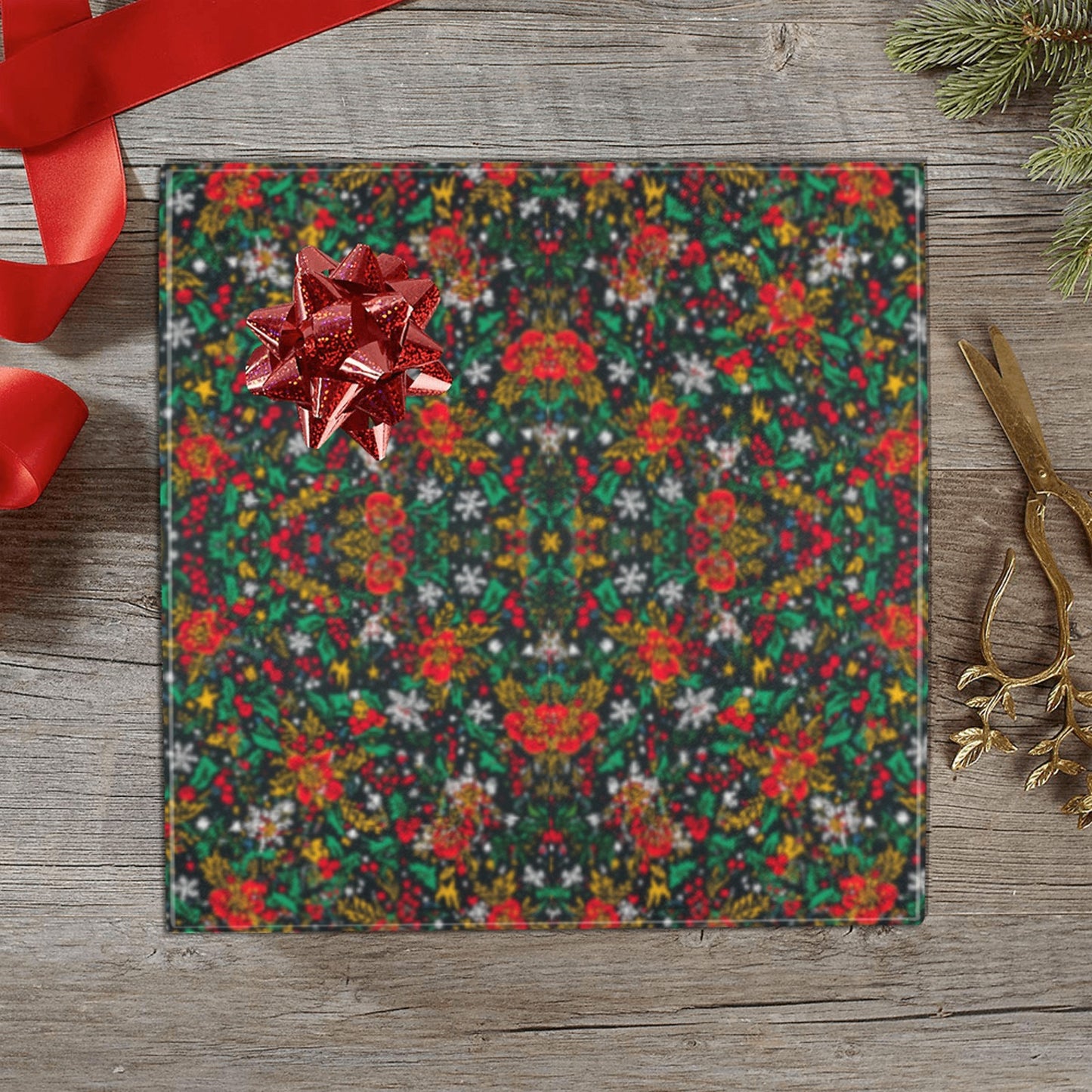 Christmas Garden Kaleidoscope Wrapping Paper - Red/Green/Gold Floral (2 Rolls)