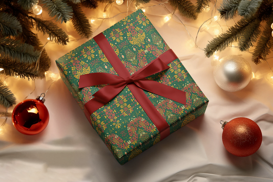 Holiday Floral Tribal Wrapping Paper – Green & Red Afrocentric Christmas Print