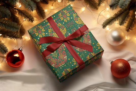 Holiday Floral Tribal Wrapping Paper – Red/Green/Gold