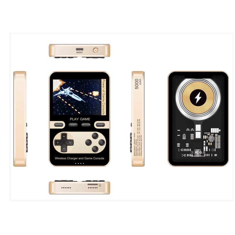 Black retro game console power bank with wireless charging pad
