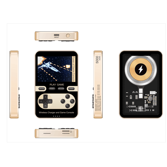 Black retro game console power bank with wireless charging pad