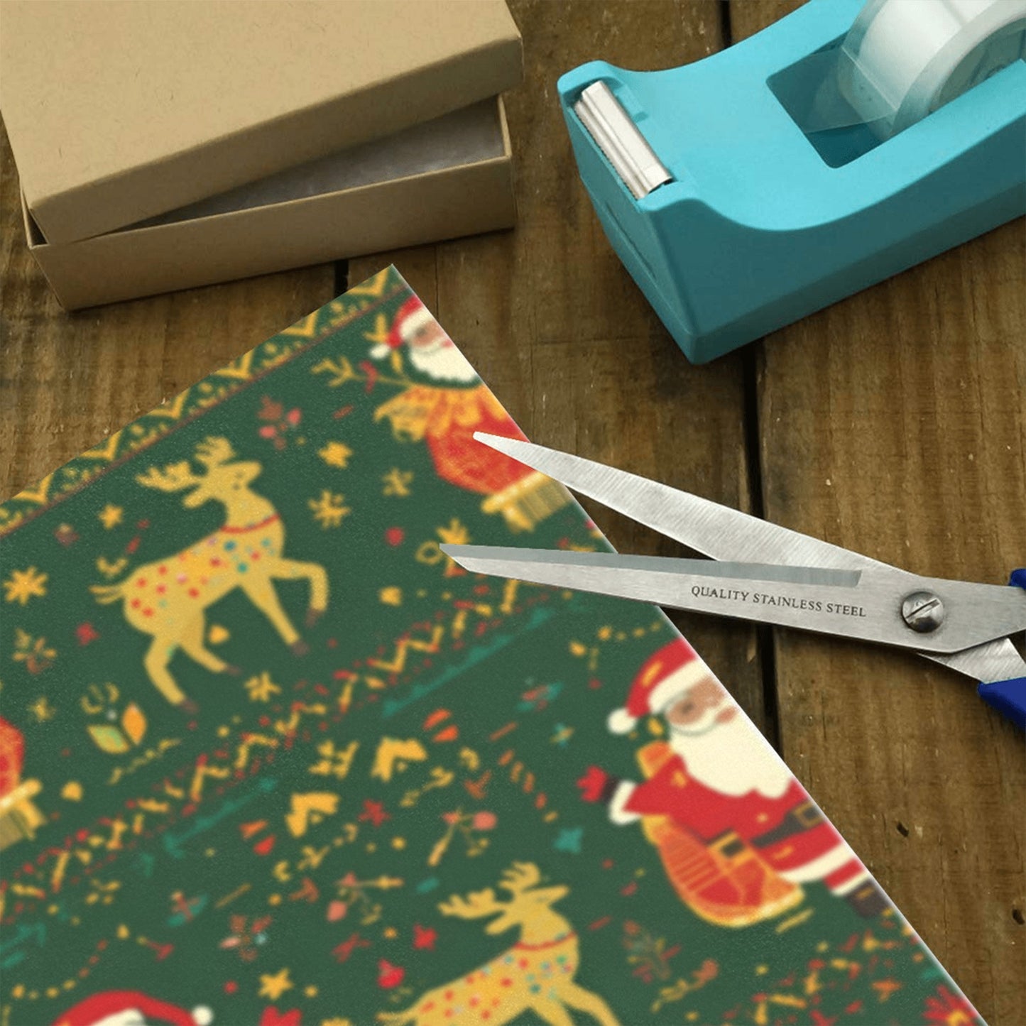 Green Nordic Santa & Reindeer Wrapping Paper (3 Rolls）