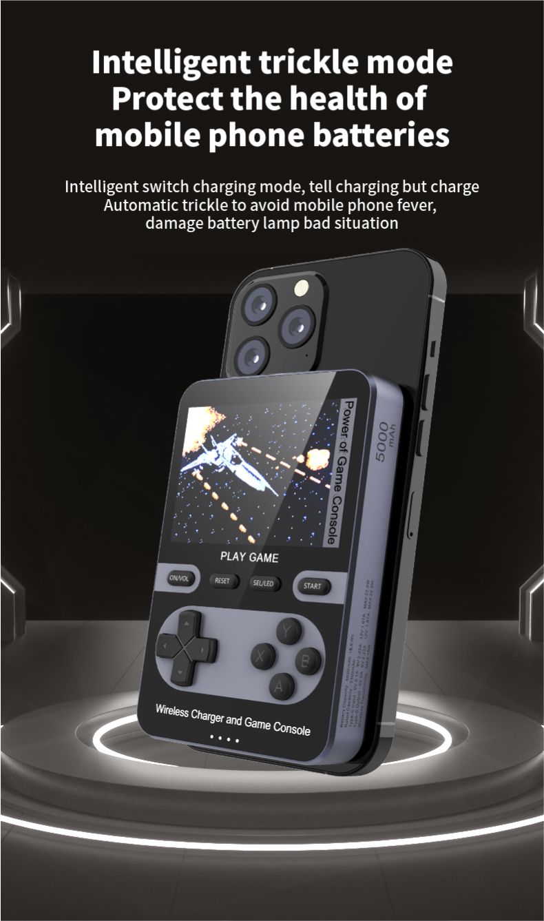 Blue retro game console power bank with wireless charger