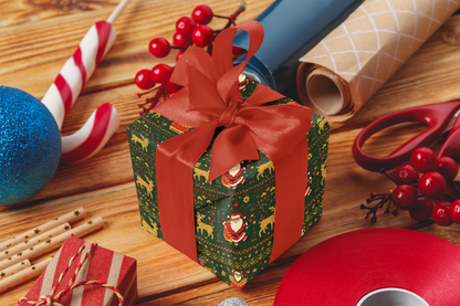 Green Nordic Santa + Reindeer Wrapping Paper