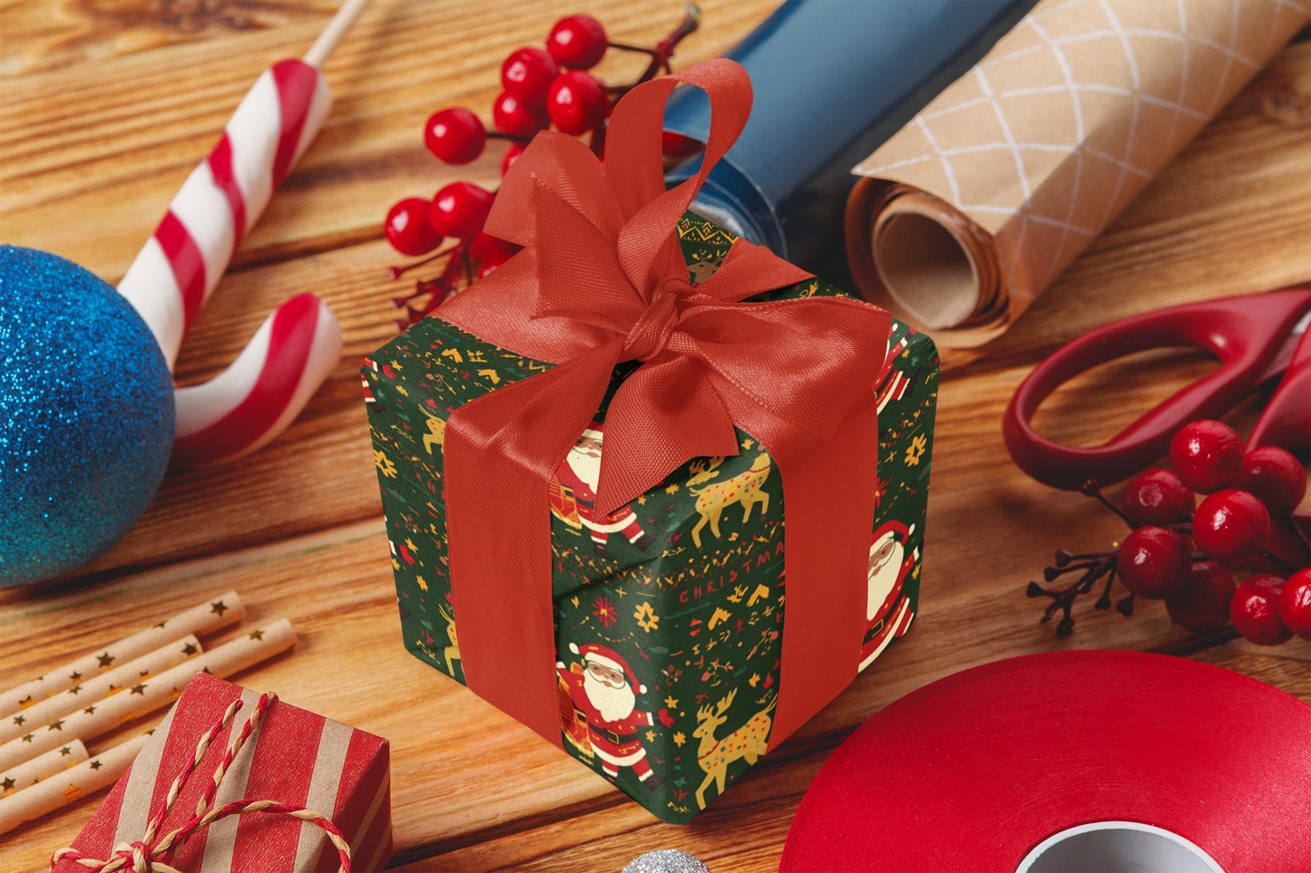 Green Nordic Santa & Reindeer Wrapping Paper (3 Rolls）