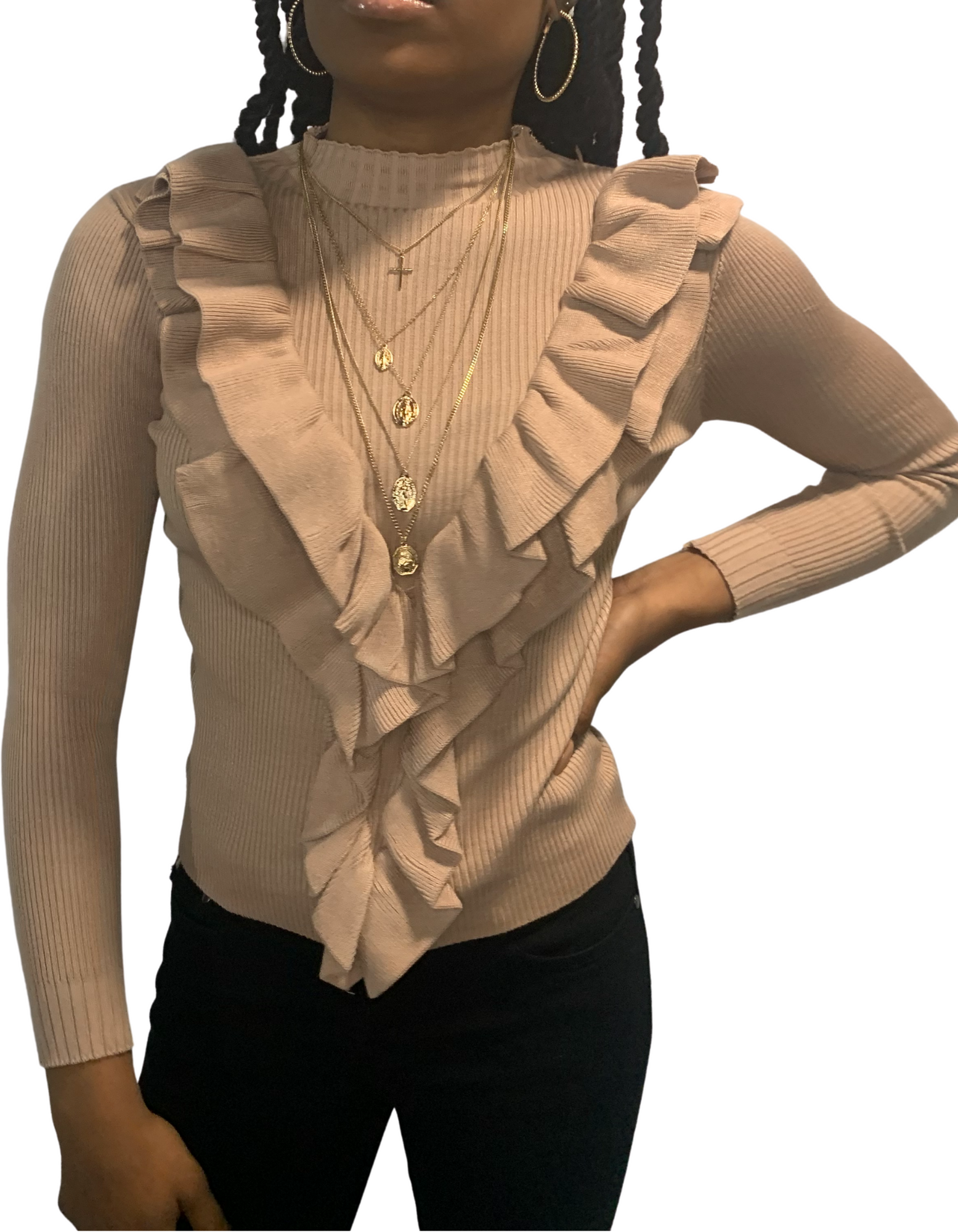 Tan Ruffles Hem Long Sleeve Sweater