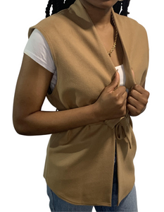 Tan Wool Effect Edge To Edge Sleeveless Belted Blazer