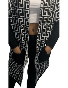 Black White Geometric Hooded Cardigan