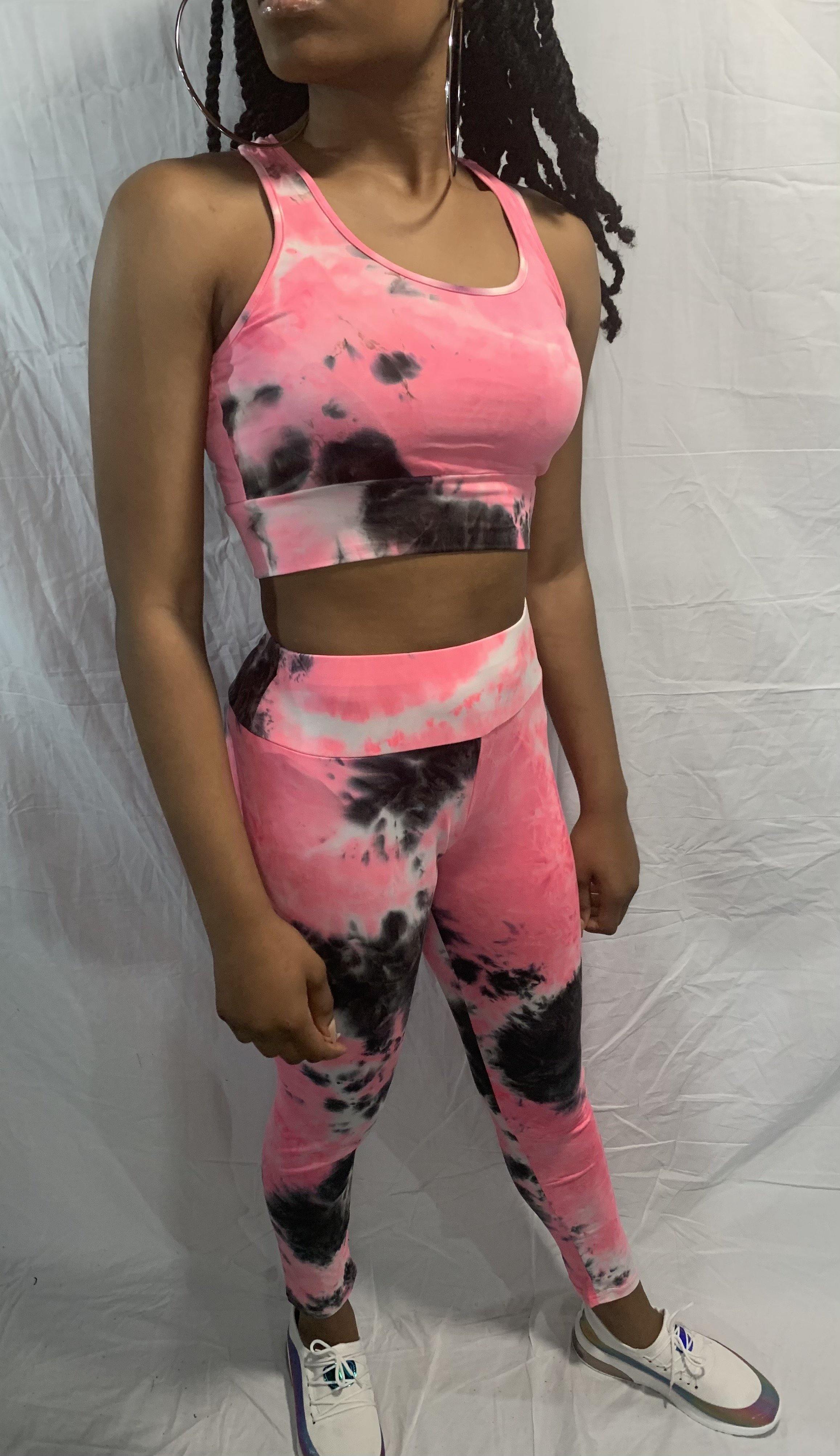 Tie-Dye Workout Sets 3 PC Ruched Butt Design Pink/Black